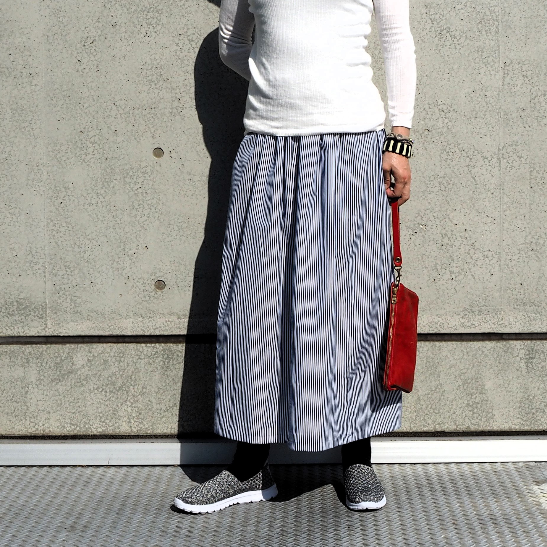 数量限定　コットンブルー　ストライプ　ウェストゴム　ギャザースカート　フリー