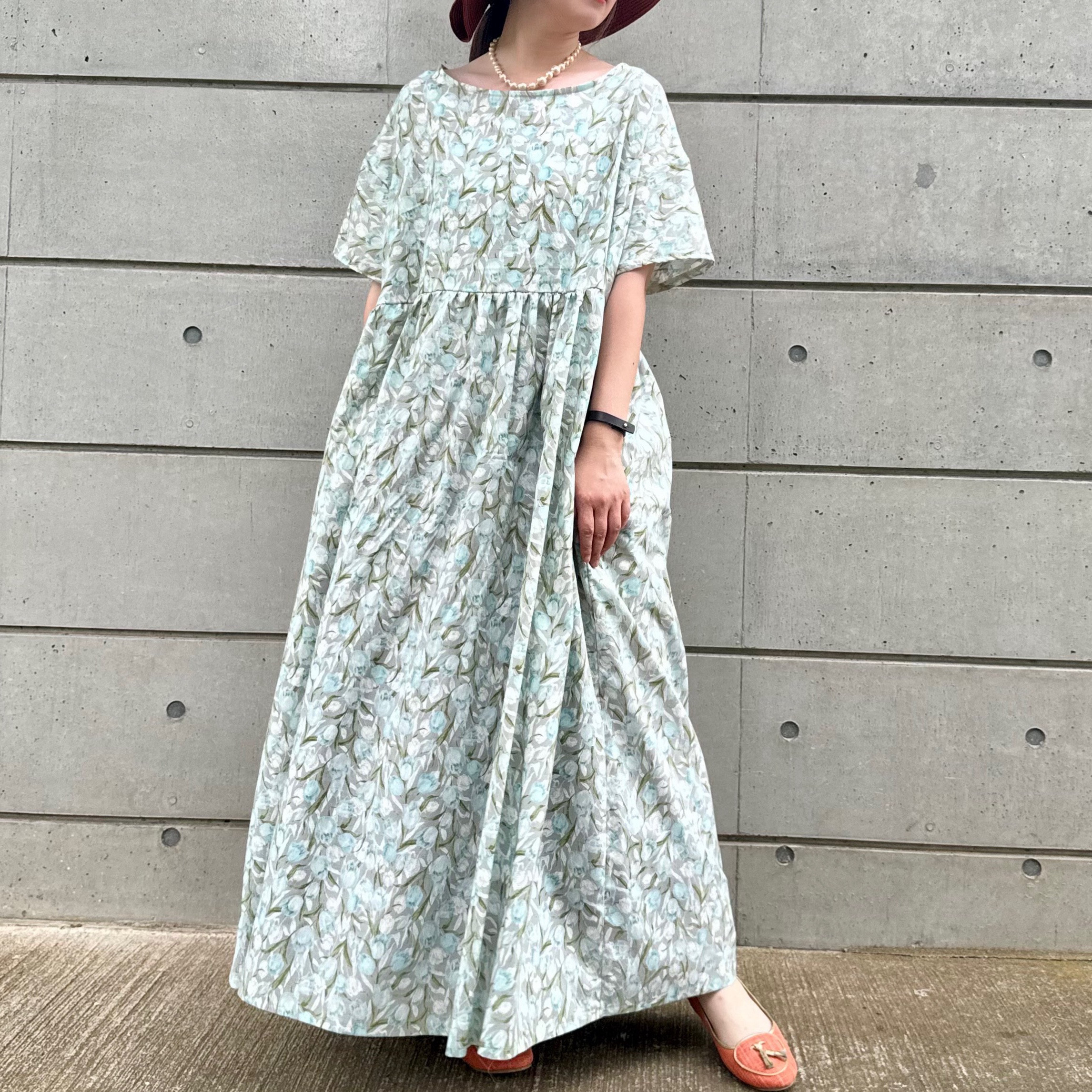 極美品 プリーツプリーズ ロングワンピース マキシ丈 花 植物