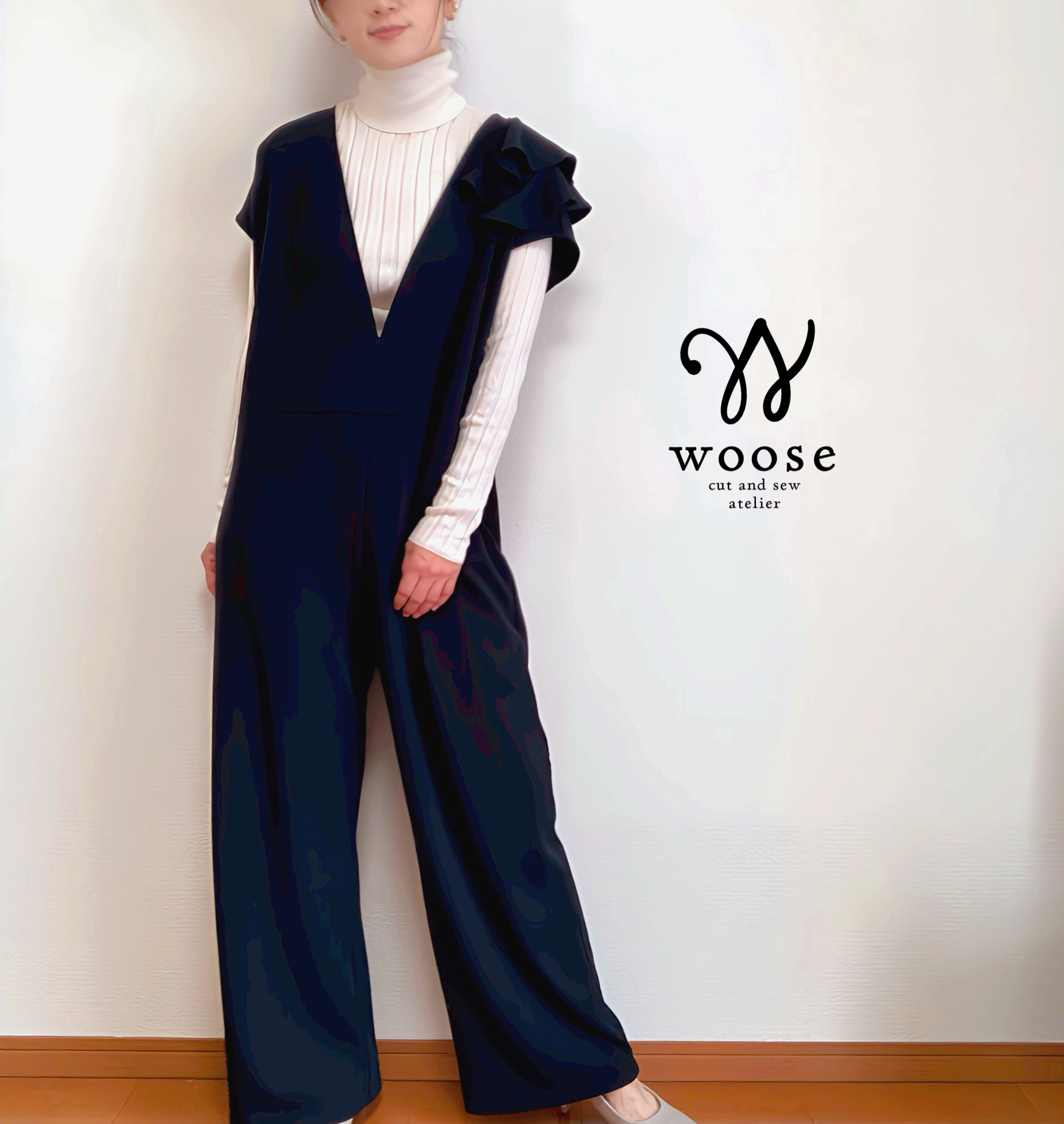 オールシーズンOK 『大人設計』アシンメトリーフリル★モードシンプル きれいめサロペット 着心地よい伸縮ジョーゼット 11,448円