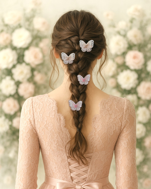 4つセット　蝶々レースのヘアクリップ　二枚羽　ブライダル・卒業式・成人式・発表会など特別な日に 15枚目の画像