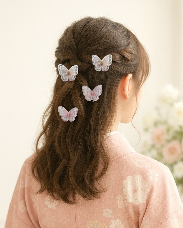 4つセット　蝶々レースのヘアクリップ　二枚羽　ブライダル・卒業式・成人式・発表会など特別な日に 14枚目の画像