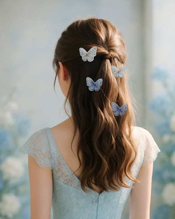 4つセット　蝶々レースのヘアクリップ　二枚羽　ブライダル・卒業式・成人式・発表会など特別な日に 11枚目の画像