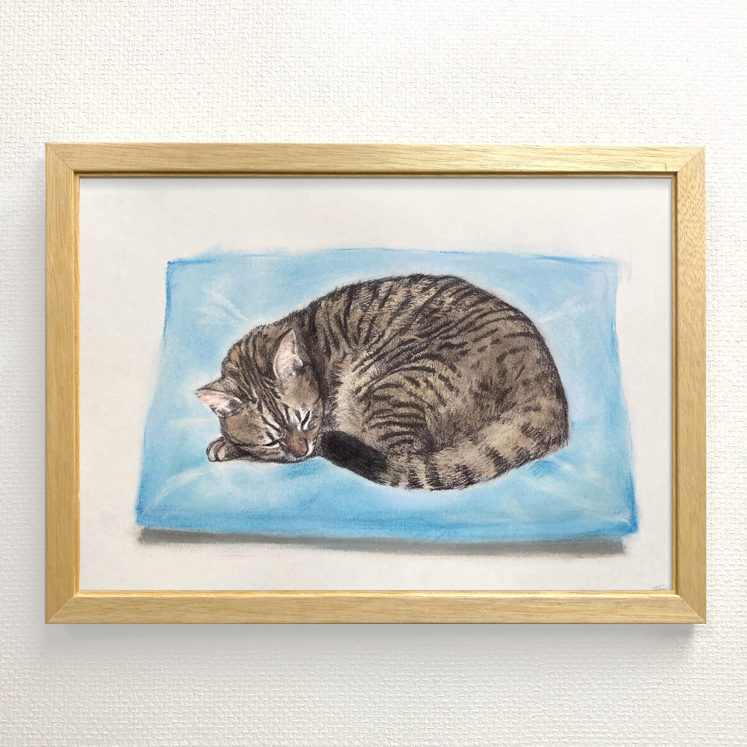 版画「丸まる猫（水色の座布団）」 版画 takeshiro painting