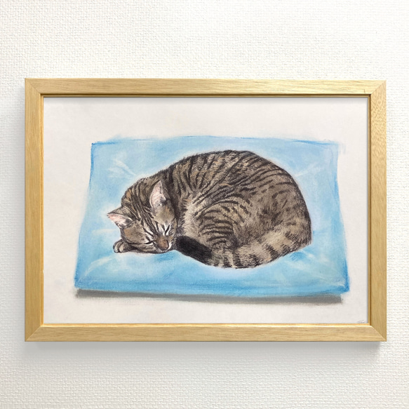 版画「丸まる猫（水色の座布団）」 版画 takeshiro painting 通販