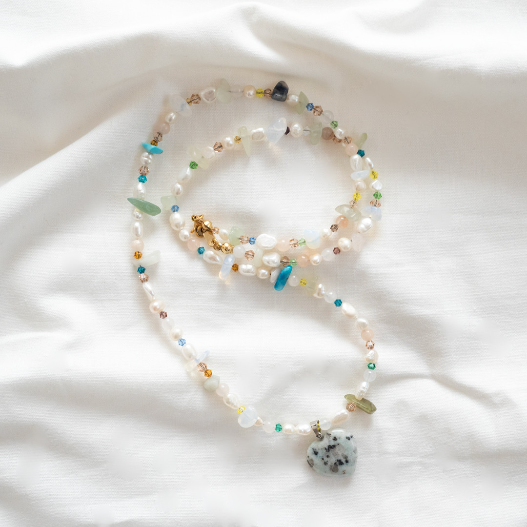 淡水パール・天然石ハート ロングネックレス(クリア)/65cm