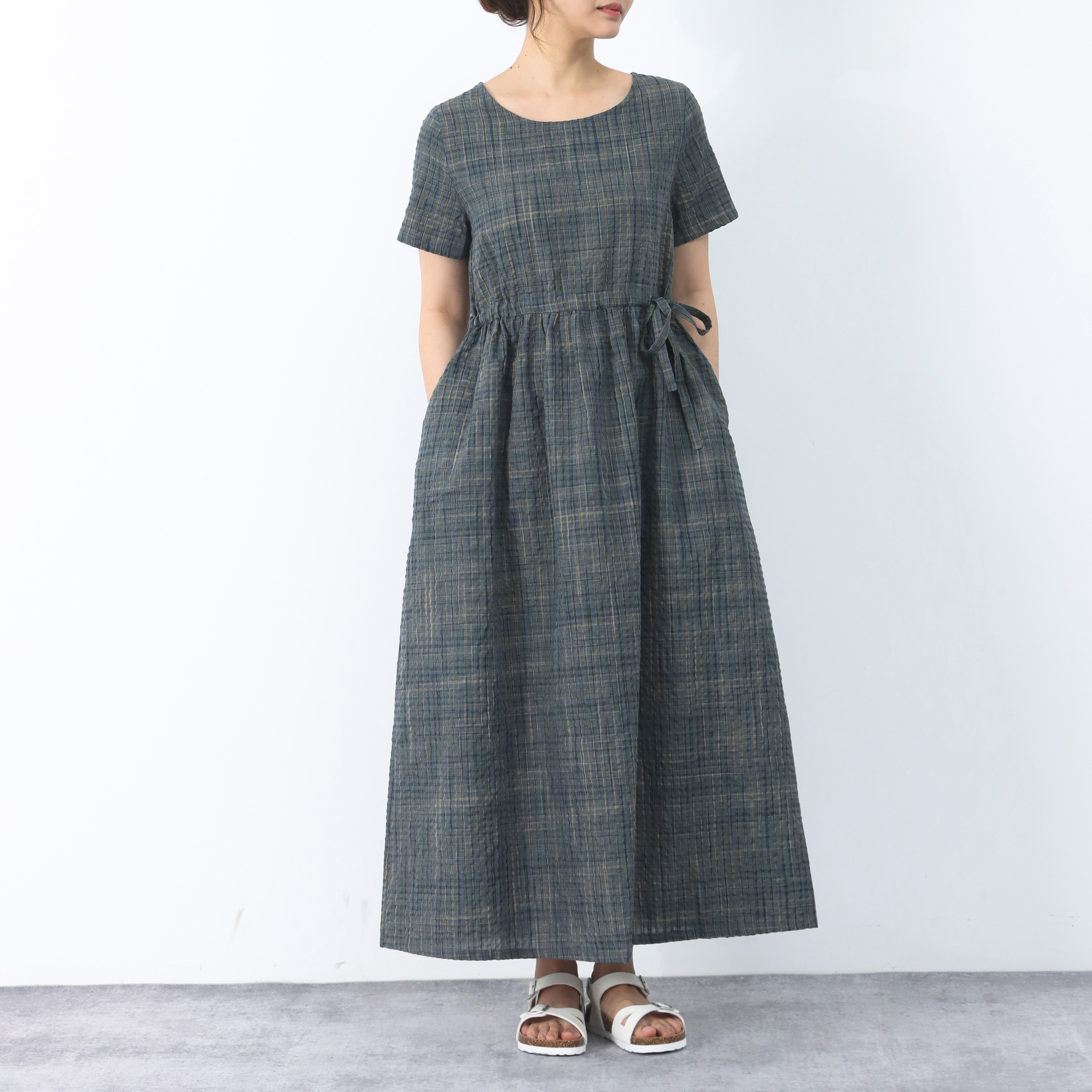 裾上げ無料♪サイズオーダー可♪チェック柄　コットン　ギャザー　ロングワンピース