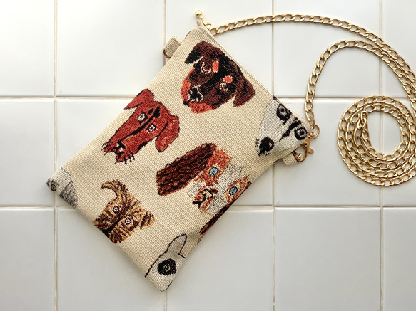 再販♡作品追加♪《柄が選べる♪》チャーミングわんこのゴブラン生地ポシェット スマホポーチ スマホポシェット 犬柄dog 1枚目の画像