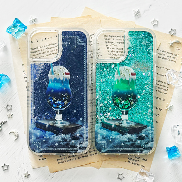 【全3色】架空の星空喫茶 "星空のクリームソーダ" iPhoneグリッターケース メロンソーダ iPhone16 1枚目の画像