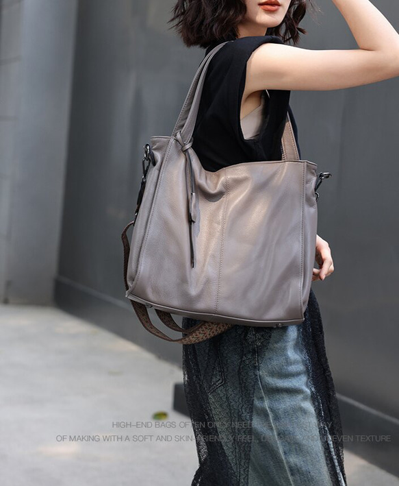 おしゃれで素敵！グレー|黒|茶|3色•3WAY•植物鞣し牛革ハンドバッグ