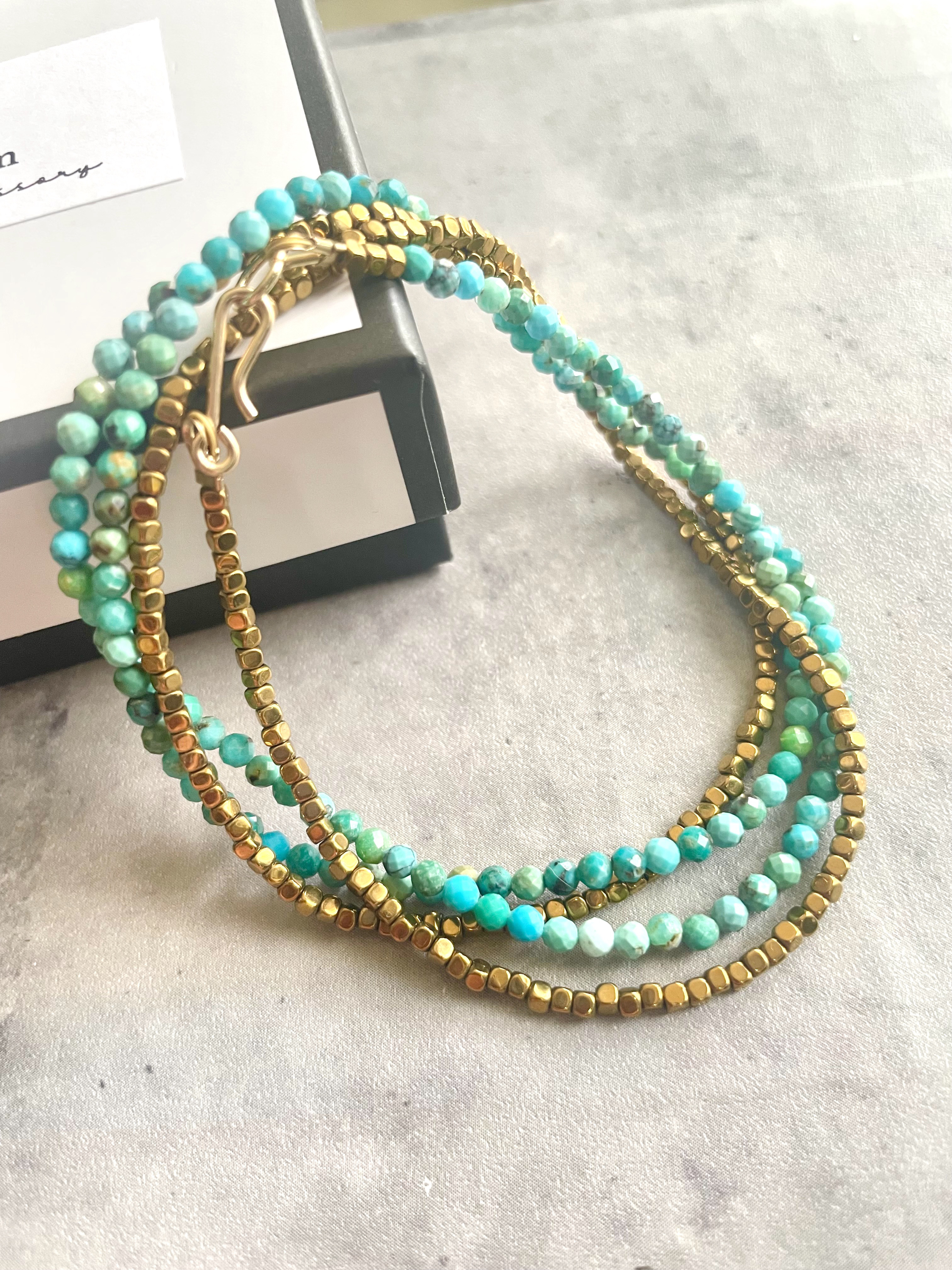 ターコイズ×ゴールドビーズ ロングネックレス14kgf 2way 送料無料　天然石　選べる長さ