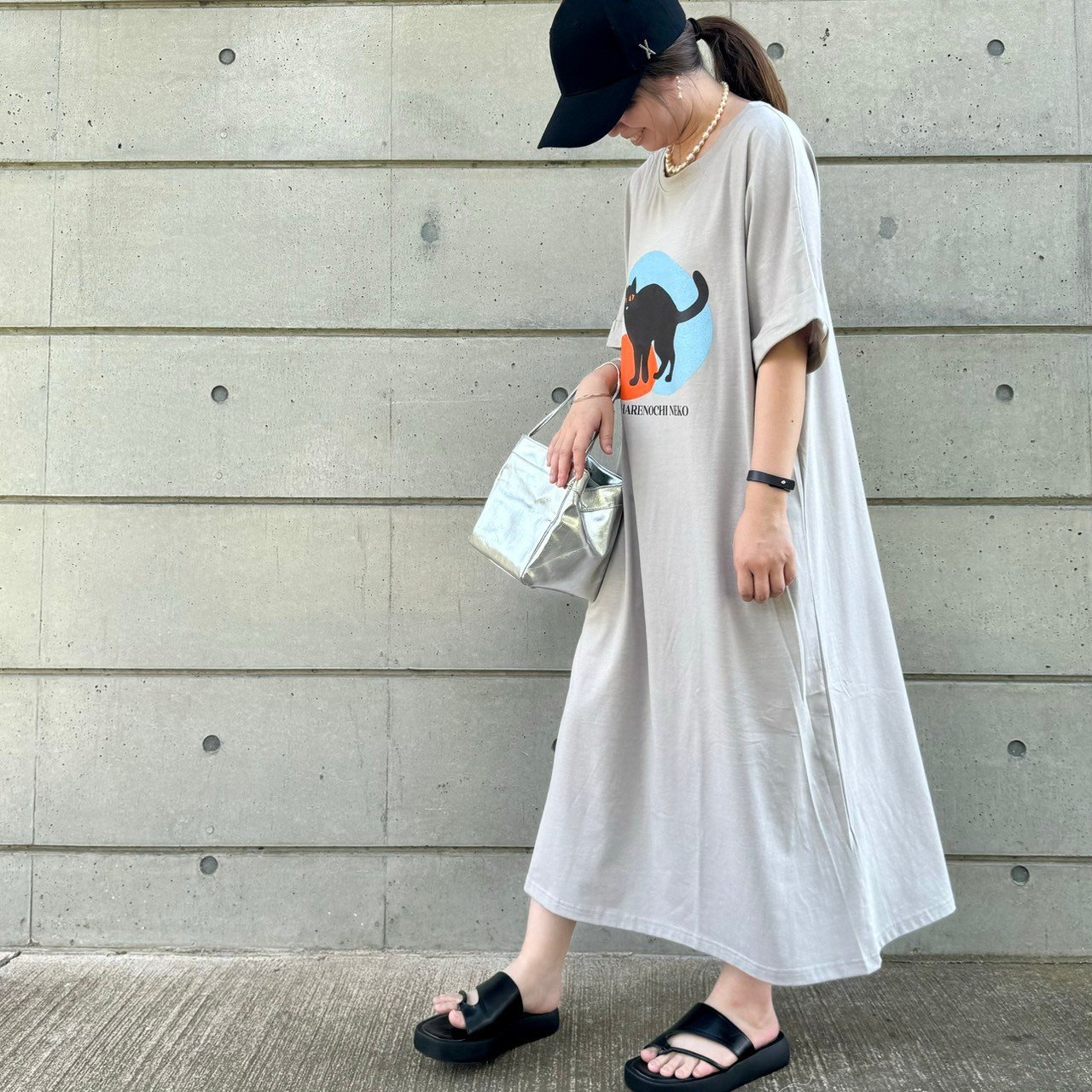 ■3日内発送■【7/12再販】『涼し気テロンとＴシャツワンピース』【ハレノチネコオリジナルプリント2】グレー