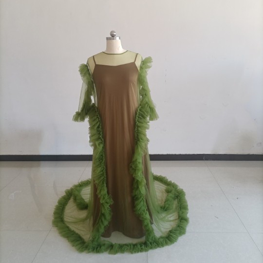 送料無料！グリーン オンショルダードレス+ ケープ風もこもこドレス 抜群のおしゃれ見え 前撮り結婚式