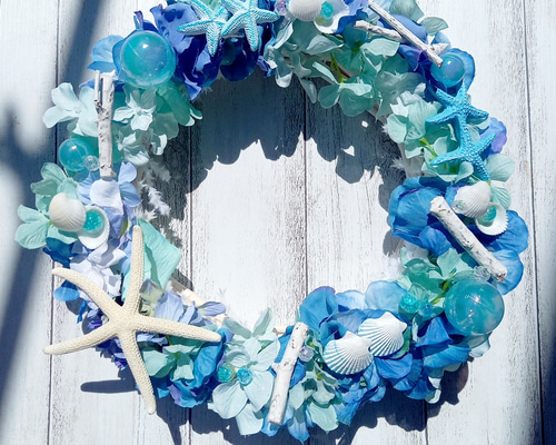 夏リース 海リース 夏の海の貝殻リース シェルリース 玄関リース