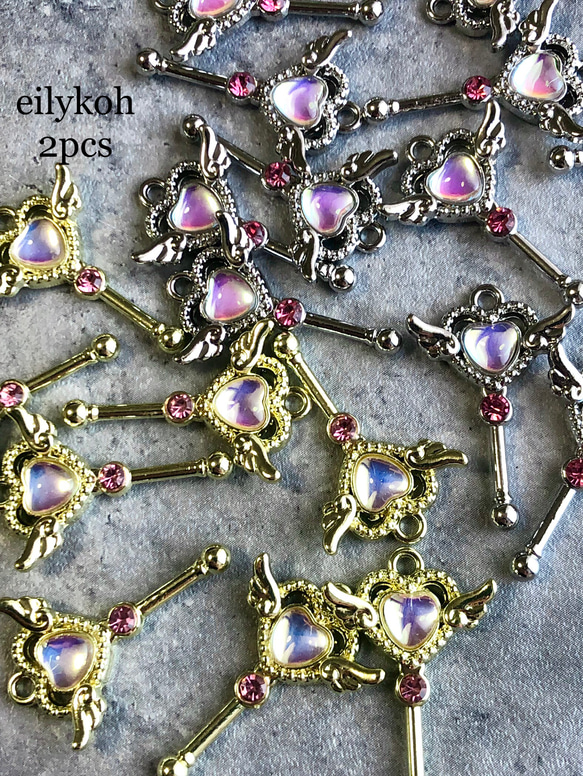 2個/ピンクビジュー付き ハートの魔法ステッキ チャーム ゴールド