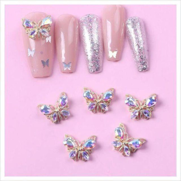 ネイルチップ ワンホン 蝶々 オーロラ ビジュー 韓国