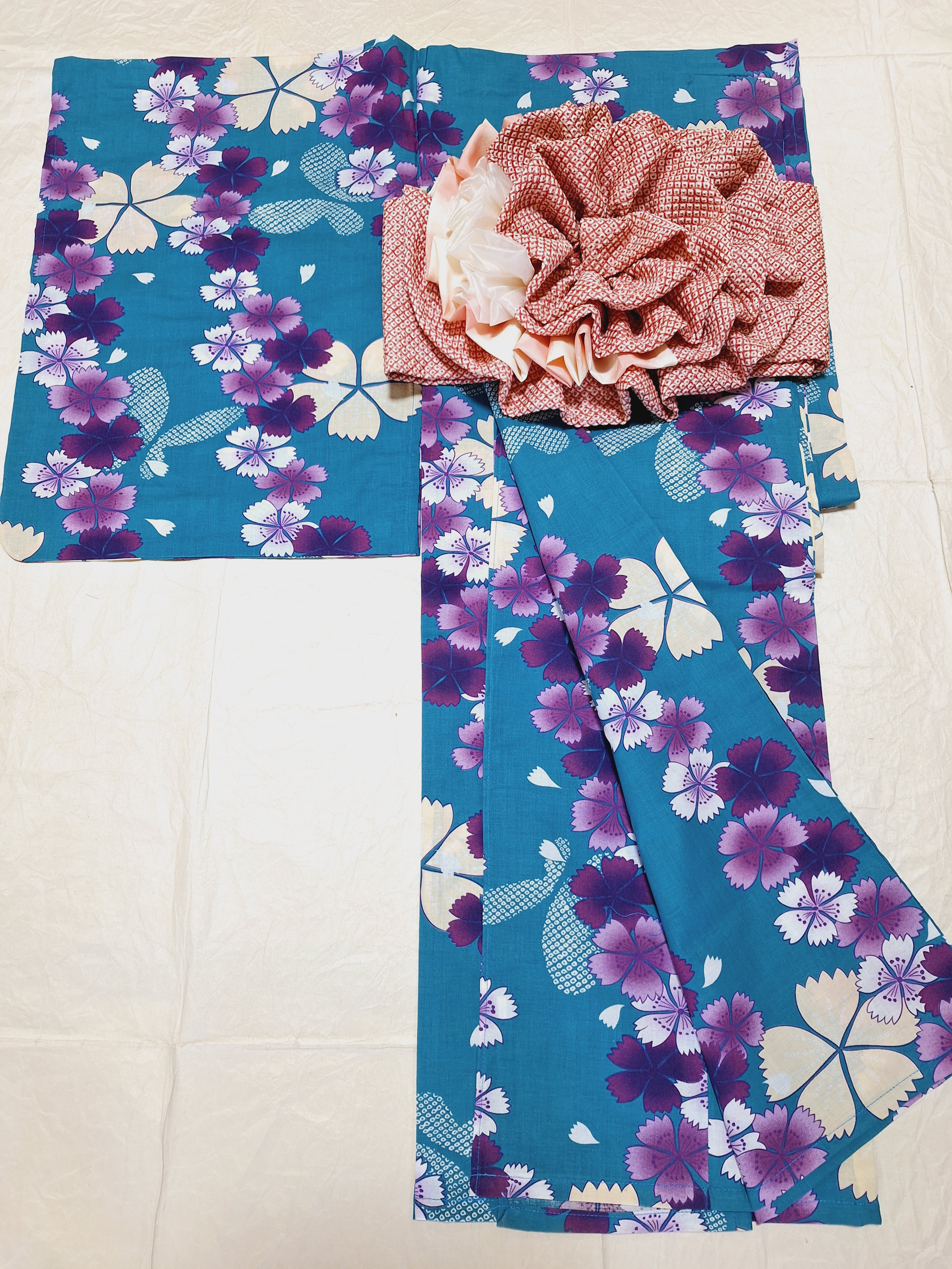 【新品】　ワンタッチ浴衣　くらわん浴衣　青地紫撫子蝶模様　簡単浴衣