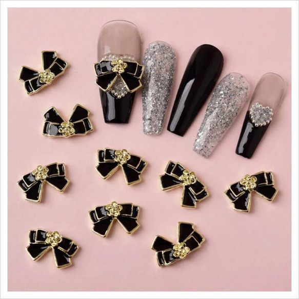 P236《2個》ネイルパーツ 黒 ブラック リボン 金 ゴールド カメリア 花