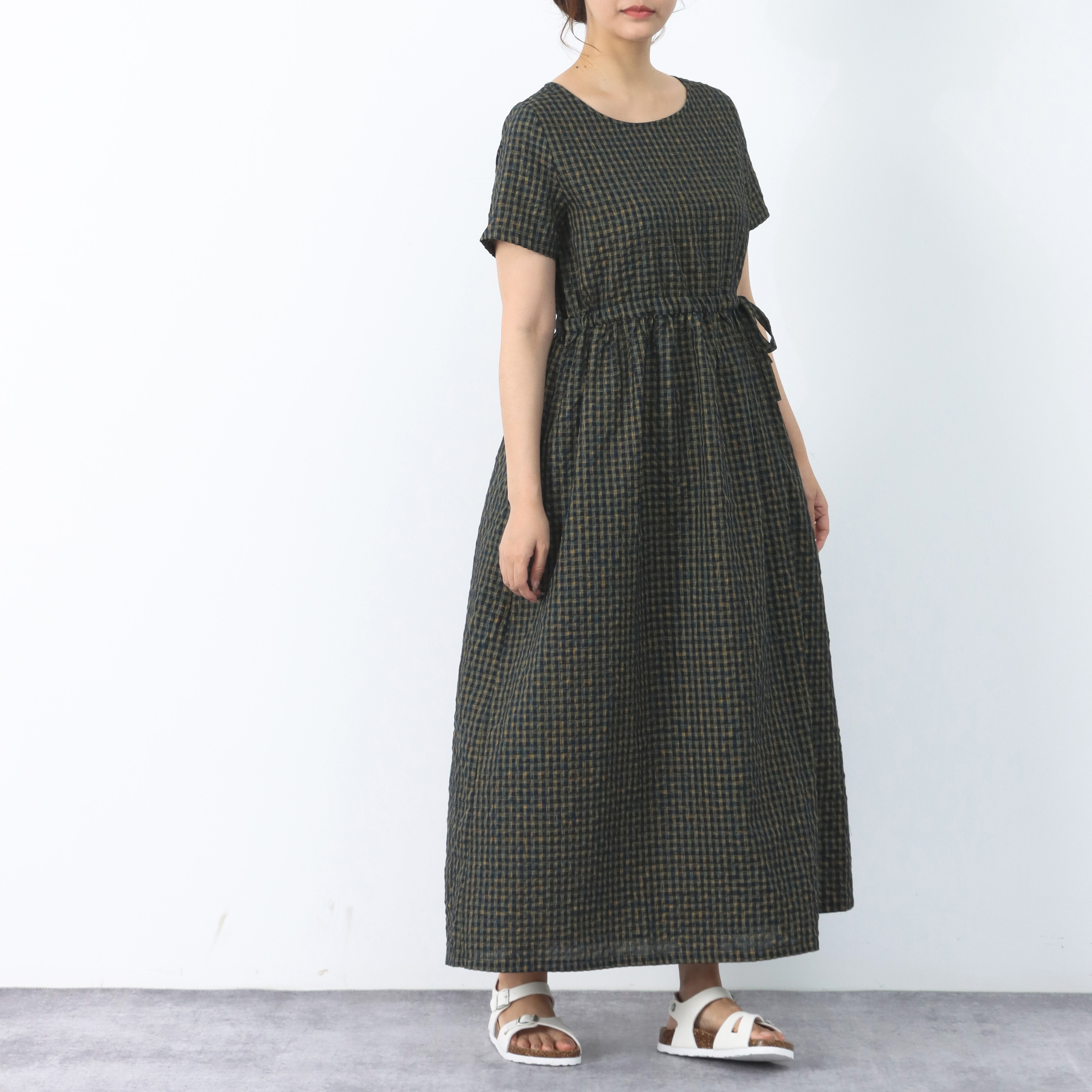 裾上げ無料♪サイズオーダー可♪大人のカラフルチェック柄　コットン　ギャザー　ロングワンピース