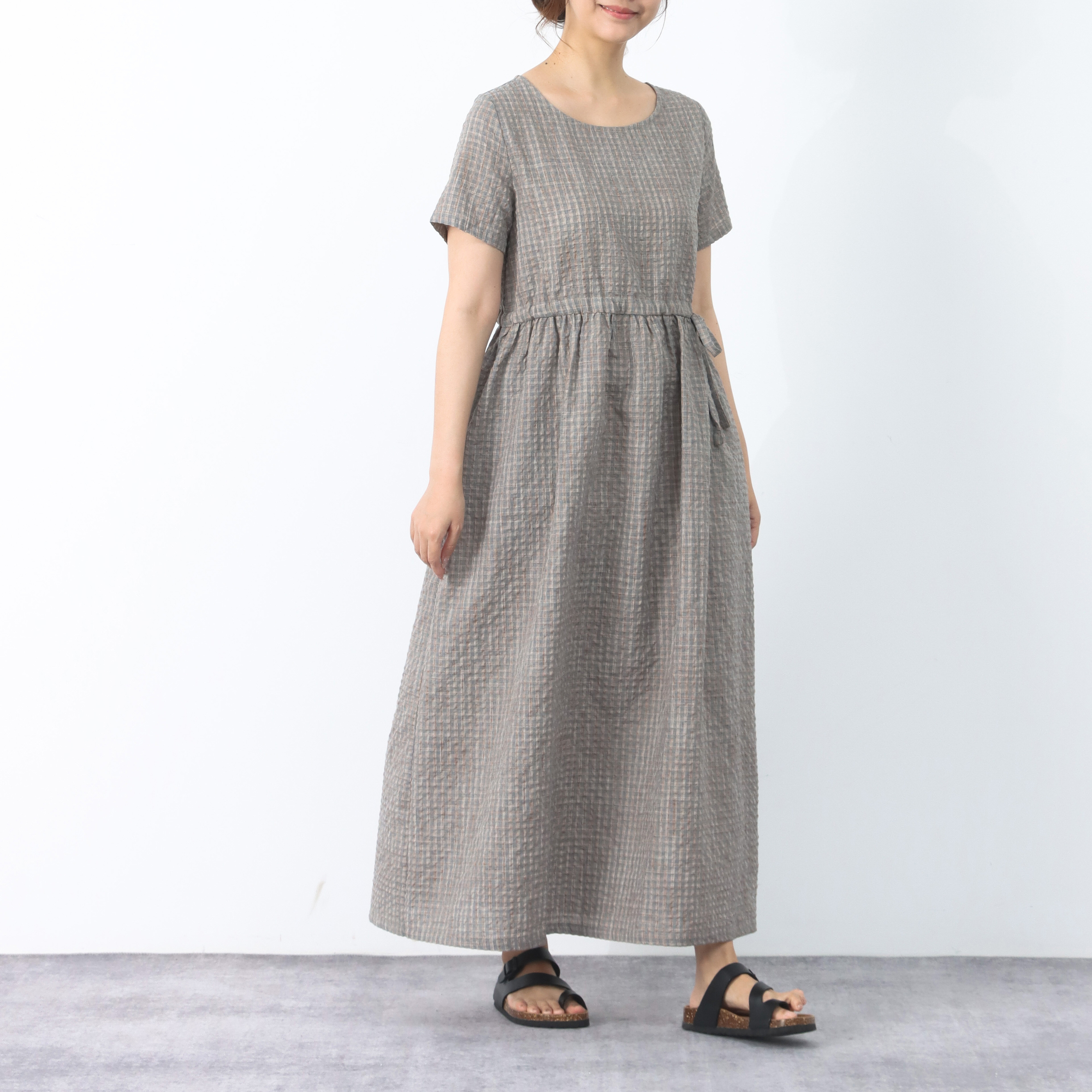 裾上げ無料♪サイズオーダー可♪大人のカラフルチェック柄　コットン　ギャザー　ロングワンピース