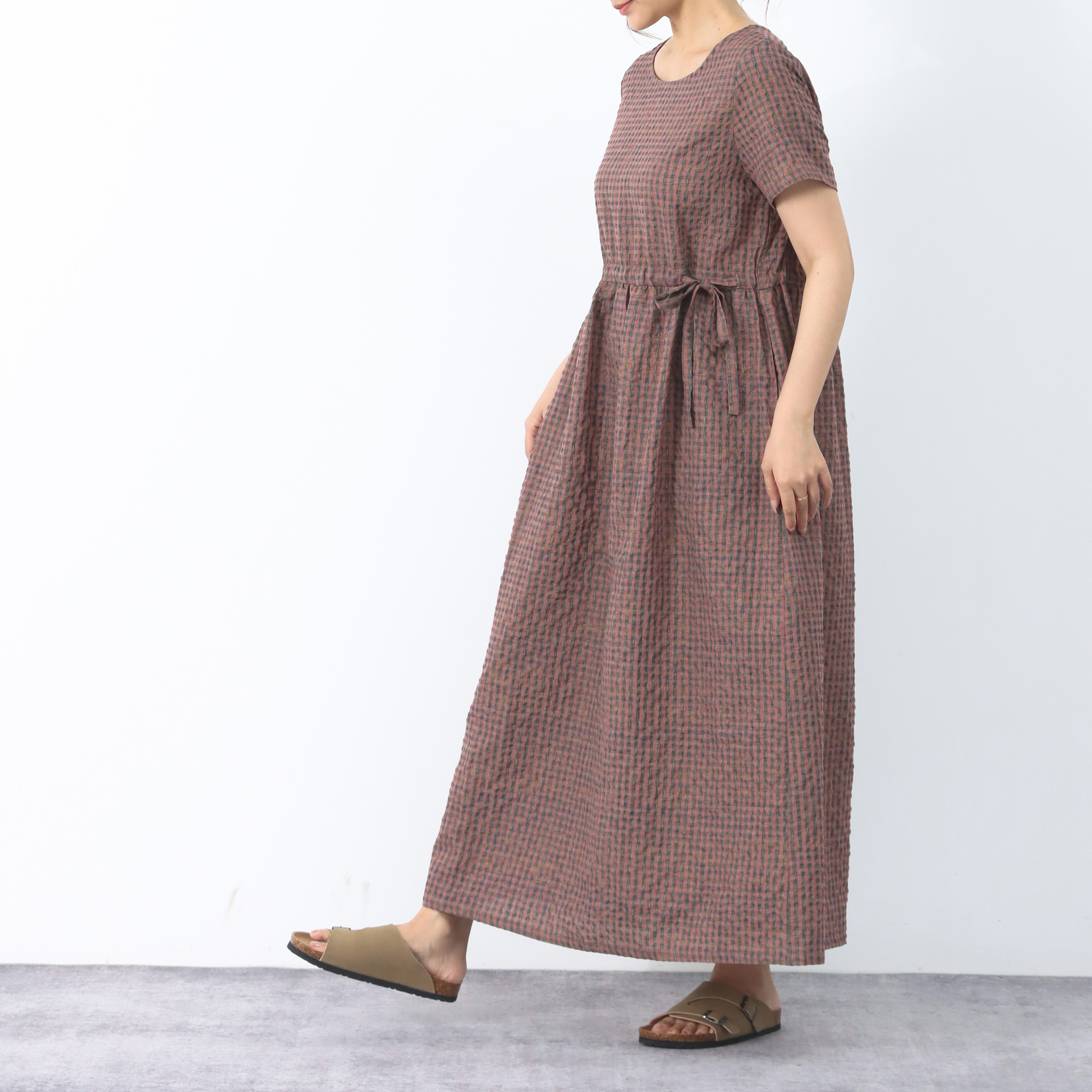 裾上げ無料♪サイズオーダー可♪大人のカラフルチェック柄　コットン　ギャザー　ロングワンピース