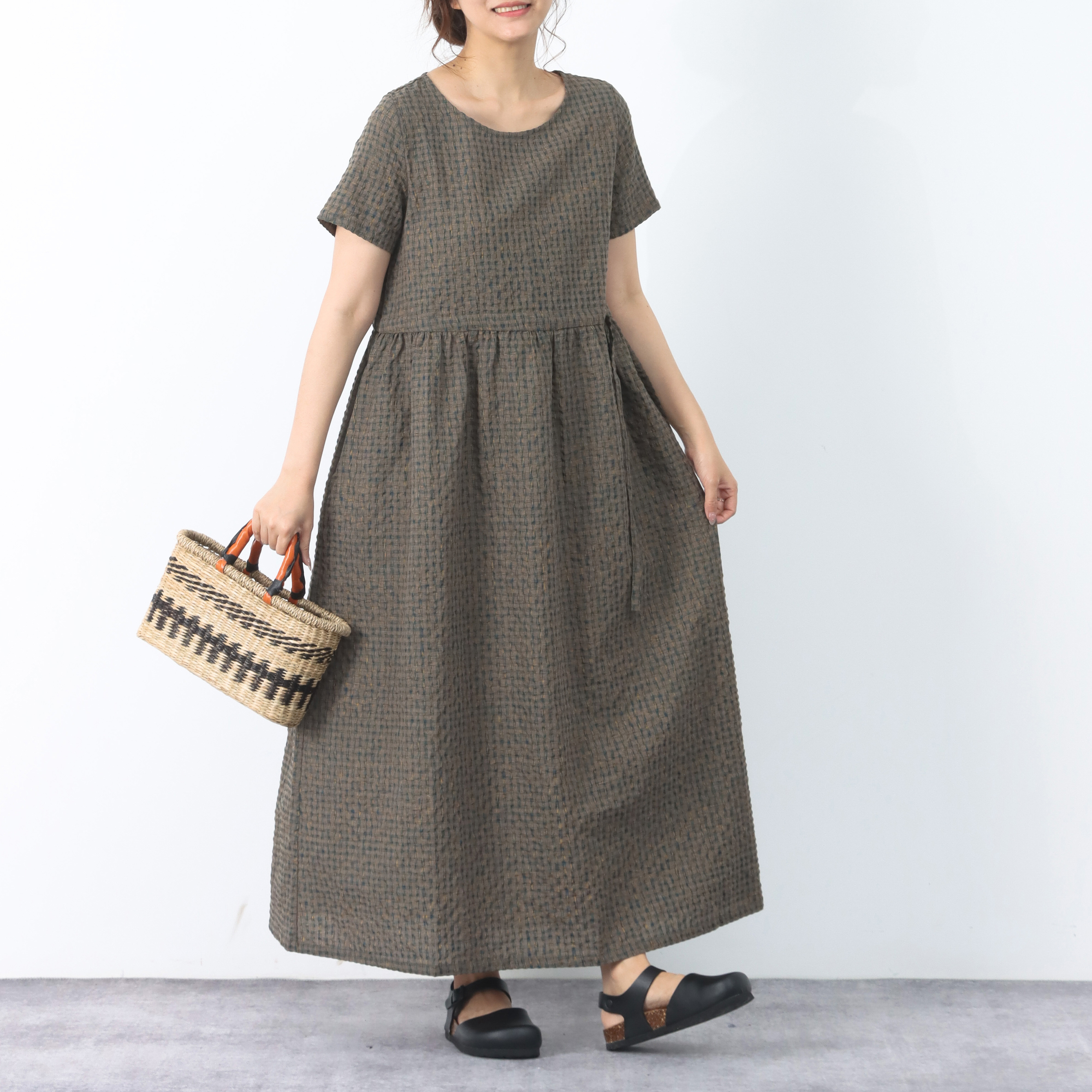 裾上げ無料♪サイズオーダー可♪大人のカラフルチェック柄　コットン　ギャザー　ロングワンピース