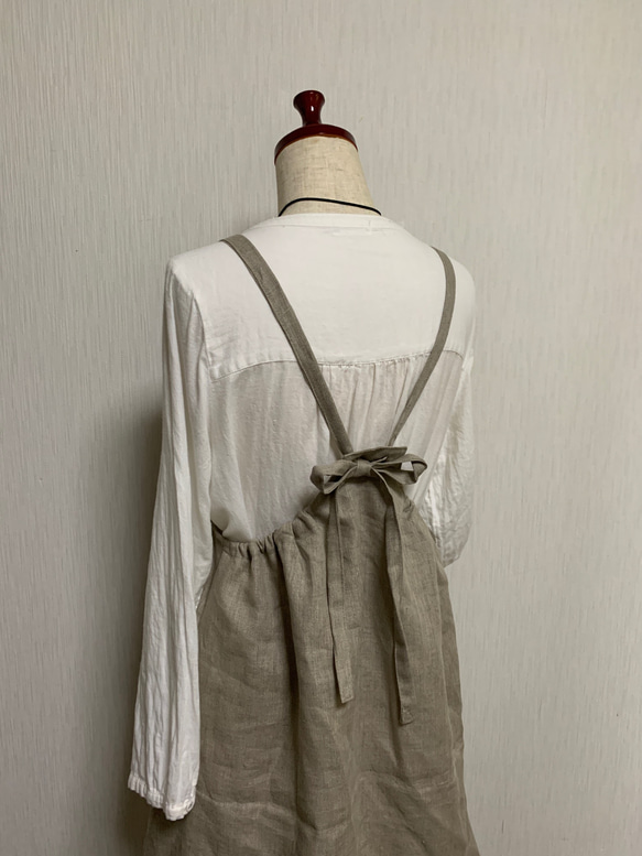 値下げ↓リネン100 エプロンワンピース ワンピース エプロン 着丈93cm 