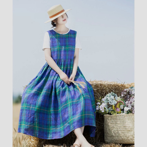 先染めフレンチリネン チェック柄ノースリーブワンピース ポケット付き