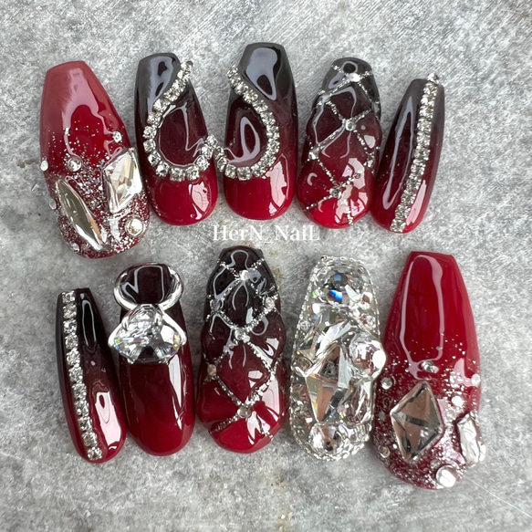 ネイルチップ #116 レッド グレー 天然石 キルティング 宝石ネイル