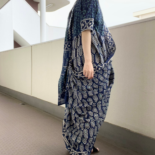 SALE＊ブロックプリントワンピース041＊インド綿ワンピース インド綿 ブロックプリントのロングシャツワンピース〔グレー