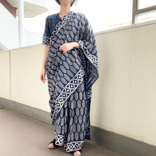 インド綿 ノースリーブ 黒前ボタン ロングワンピース/チュニック
