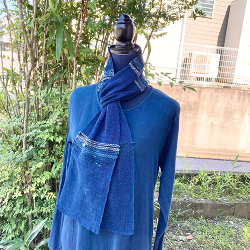 591 手織り ストール 藍染 藍染め 古布 機織り はた織 さをり織り 裂き  