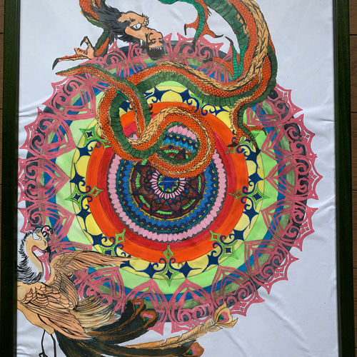 風水開運波動絵画＊虹光アート/春色満月と星光樹〜龍と鳳凰〜陰陽太極図　人間関係 風水開運波動絵画＊虹光アート/幸せ満月と星光樹〜龍と鳳凰