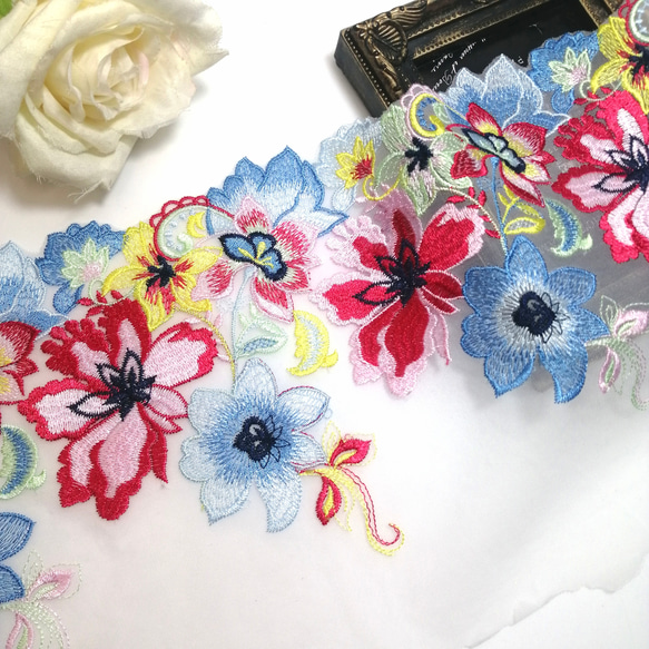 1m 花柄豪華刺繍 チュールレース ハンドメイド 生地 手芸 素材 はぎれ 