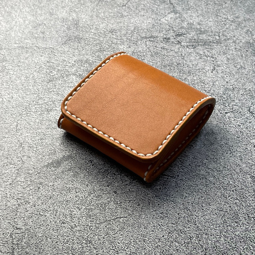 手縫】キャメル色本革Box型小銭入れケース（10円玉約30枚収納） 小銭