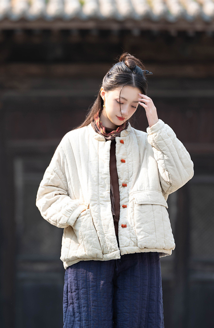 冬季新作！文艺漂う国風デザインのリネンコットン立襟ショートジャケット8271