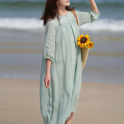 ラミー/麻刺繡生地　ふんわりシルエットのロングワンピース　ポケット付き　裏地付き【春夏秋】ミントグリーン 8枚目の画像