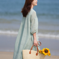 ラミー/麻刺繡生地　ふんわりシルエットのロングワンピース　ポケット付き　裏地付き【春夏秋】ミントグリーン 9枚目の画像