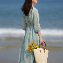 ラミー/麻刺繡生地　ふんわりシルエットのロングワンピース　ポケット付き　裏地付き【春夏秋】ミントグリーン 3枚目の画像