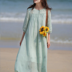 ラミー/麻刺繡生地　ふんわりシルエットのロングワンピース　ポケット付き　裏地付き【春夏秋】ミントグリーン 1枚目の画像