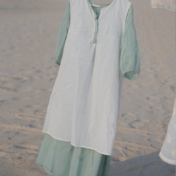 ラミー/麻刺繡生地　ふんわりシルエットのロングワンピース　ポケット付き　裏地付き【春夏秋】ミントグリーン 6枚目の画像