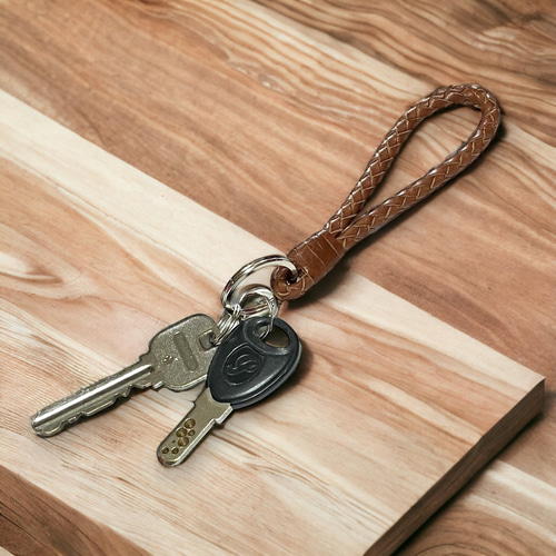 ショート 編み込み キーリング＆ストラップ レッド 本革ヌメ 国産