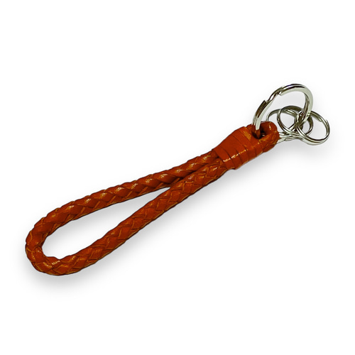 ショート 編み込み キーリング＆ストラップ レッド 本革ヌメ 国産