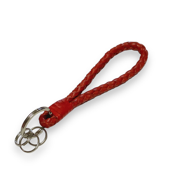 ショート 編み込み キーリング＆ストラップ レッド 本革ヌメ 国産