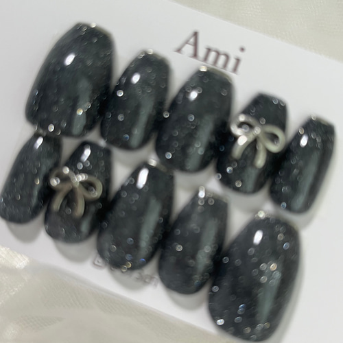 ネイルチップ＊シンプル ガーリー リボン ミラー シルバー enoi