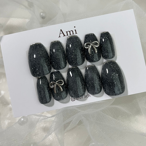 ネイルチップ＊シンプル ガーリー リボン ミラー シルバー enoi