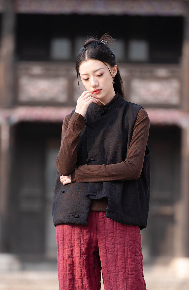 冬季限定！国風復古デザインの温もりあるリネンコットンベスト8276