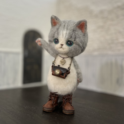 うさ耳帽子のごーぐるにゃんこ 羊毛フェルト ねこ　ぬいぐるみ　ミント 8枚目の画像