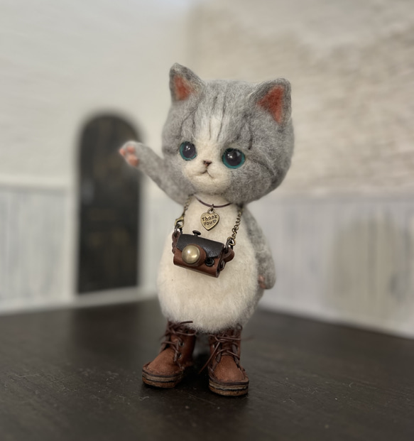 うさ耳帽子のごーぐるにゃんこ 羊毛フェルト ねこ　ぬいぐるみ　ミント 8枚目の画像