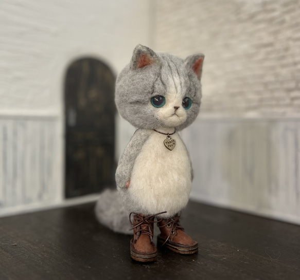 うさ耳帽子のごーぐるにゃんこ 羊毛フェルト ねこ　ぬいぐるみ　ミント 12枚目の画像