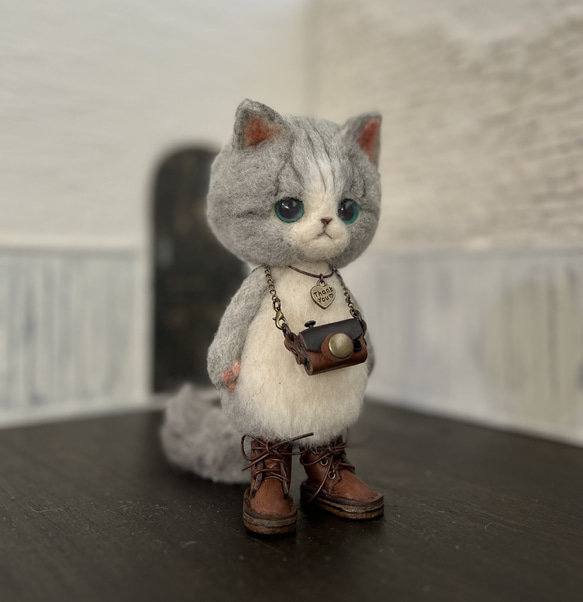 うさ耳帽子のごーぐるにゃんこ 羊毛フェルト ねこ　ぬいぐるみ　ミント 7枚目の画像